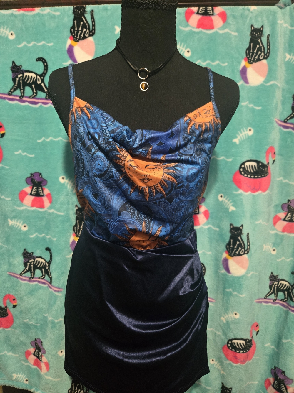 Whimsical Goth Celestial Cami Top & Navy Satin Ruched Mini Skirt Outfit